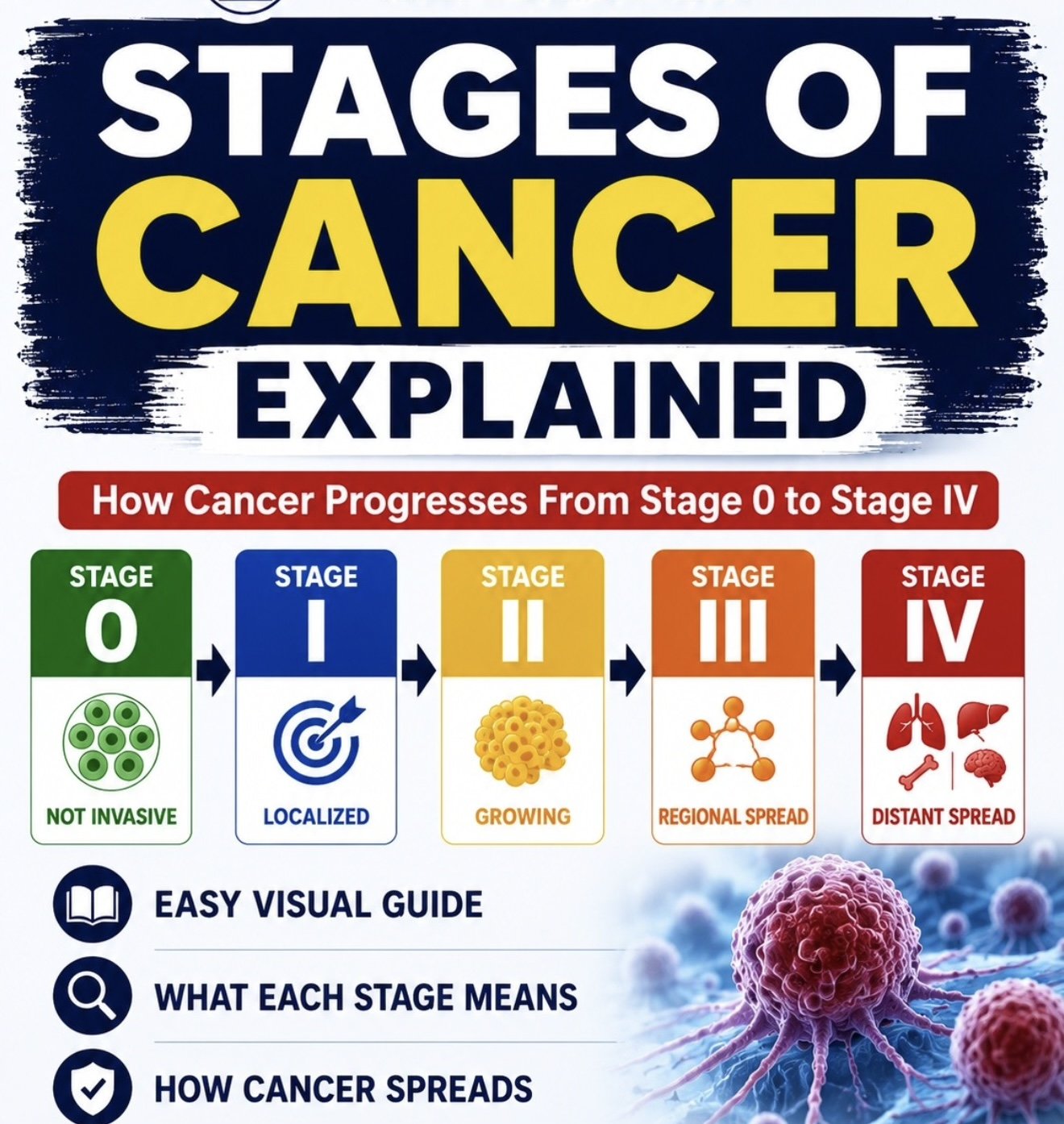Infografía, Las etapas del cáncer explicadas: cómo avanza el cáncer desde la Etapa 0 (no invasiva) pasando por la Etapa I (localizada), la Etapa II (en crecimiento), la Etapa III (diseminación regional), hasta la Etapa IV (diseminación a distancia), con una guía visual de lo que significa cada etapa y de cómo se disemina el cáncer.